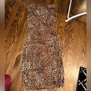 Ralph Lauren Brown Leopard Print faux wrap Midi Dress 8
